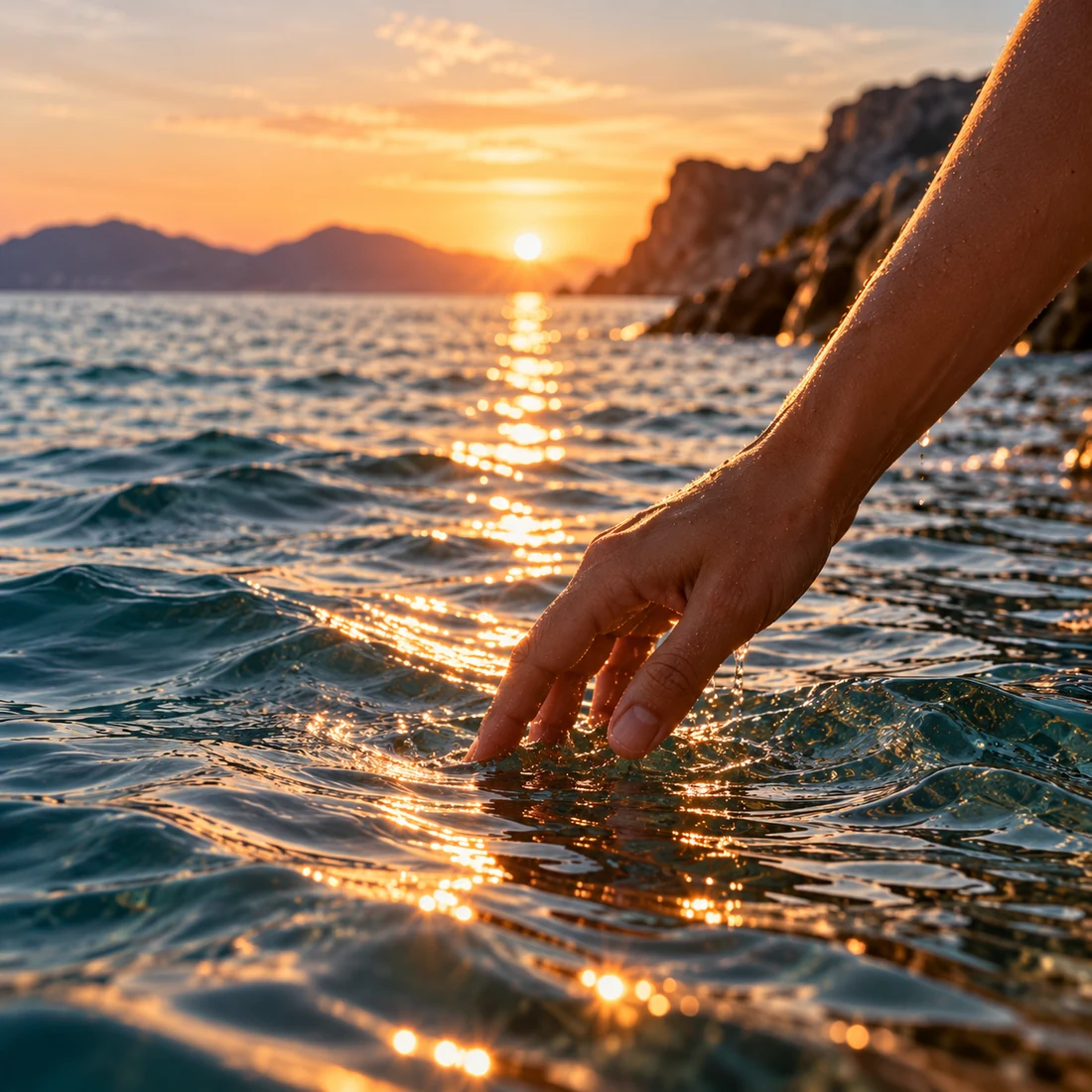 Mano acariciando la superficie del mar al atardecer, elemento Agua
