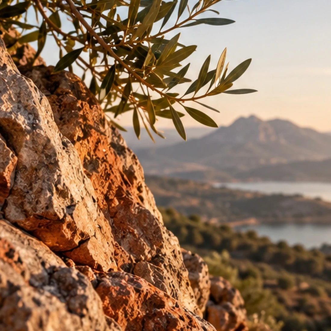 Paisaje natural de roca y vegetación al atardecer, elemento Tierra